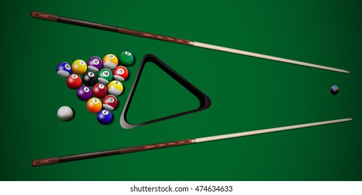 Vector realistic billiard illustration. Billiard cues, balls and frame on green table. 