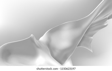 Vector realistic billowing cloth light background. Liquid milk splash. Design element. Wavy surface. Abstract backdrop. Modern flow poster. Beautiful dynamic fond. White and grey colours.