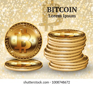 Vector realistic bitcoin cryptocurrency coins. Physical bit coin. Digital currency. Golden coin with bitcoin symbol background. Stock illustration