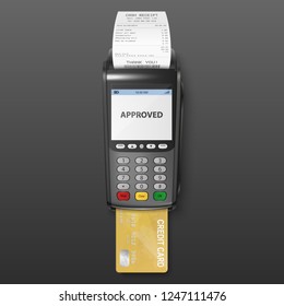 Vector Realistic Black 3d Payment Machine. POS Terminal With Receipt And Credit Card Closeup Isolated On Dark Background. Design Template Of Bank Payment Terminal, Mockup. Payments Device. Top View