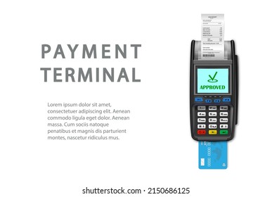 Vector Realistic black 3d Payment machine. A close-up POS terminal with a receipt and a bank card on a white background. Design template, layout. NFC payment processing device. Top View