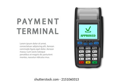 Vector Realistic black 3d Payment machine. A close-up POS terminal with a place for text on a white background. Template for a bank payment terminal. NFC payment processing device. Top View