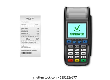 Vector Realistic black 3d Payment machine. Close-up of a POS terminal with a receipt on a white background. Design template, layout. NFC payment processing device. Top View