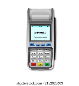 Vector Realistic black 3d Payment machine. Close-up of the POS terminal. Design template, layout. NFC payment processing device. Top View