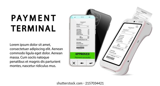 Vektorrealistische schwarze 3D-Zahlungsmaschine. Nahaufnahme eines POS-Terminals mit einer Quittung mit Smartphone und Text auf weißem Hintergrund. Design-Vorlage, Layout. Draufsicht