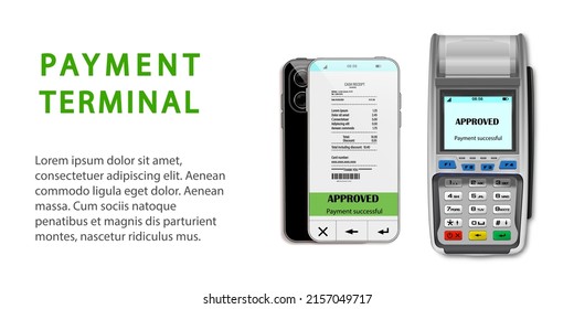 Vector Realistic black 3d Payment machine. Close-up of a POS terminal with a receipt with a smartphone and text on a white background. Design template, layout. Top View