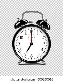 Vector realistic black alarm clock isolated on transparent background.