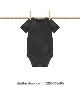 Vector Realistic Black Blank Baby Bodysuit Template, Mock-up Hanging on Rope with Clothes Peg Closeup Isolated on White Background. Body Children, Baby Shirt, Onesie. Accessories, lothes for Newborns