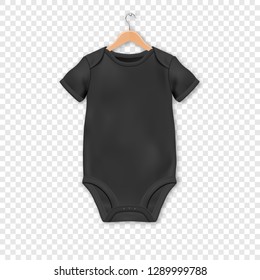 Vector Realistic Black Blank Baby Bodysuit Template, Mock-up Hanging on a Hanger Closeup Isolated on Transparent Background. Body Children, Baby Shirt, Onesie. Accessories, lothes for Newborns