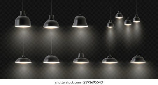 Vector realistic black ceiling lamps set. Different shapes and sizes interior lighting. Hanging lamps isolated on transparent background.