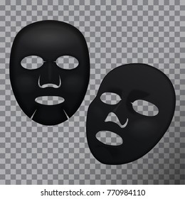 Vector realistic black facial cosmetic sheet mask on transparent background for your design