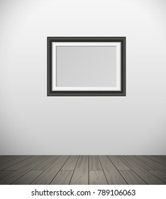 Vector realistic black frame for your picture hanging on wall in room with parquet floor