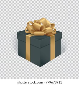 Vector realistic black gift box with gold ribbon and bow. Transparent background.