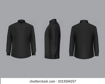 Vector realistic black male shirt with long sleeves and buttons, clean and ironed, in front, back and side view, isolated on background. Mockup of formal or casual clothes, template for your design