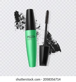 Vector realistic black mascara with smear trace isolated on white background