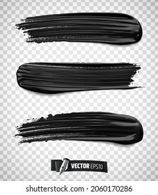 Vector realistic black paint brush strokes on a transparent background.