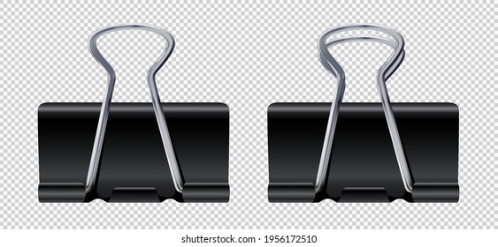 Colocación de clips de papel. Colectores de encuadernación realistas negros, soporte de papel metálico aislado en fondo blanco. Colección de papel de oficina de acero. Ilustración del vector 3d EPS10