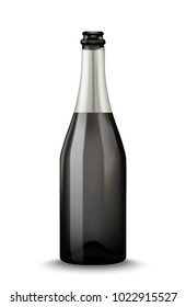 Vector Realistic black with silver open Champagne bottle isolated on white background. Mockup template blank for product packing advertisement.