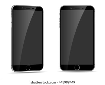 Vector realistic black smartphone mock up for logos, designs, icons isolated cellphone. Mobile smartphone vector illustration with side view. Perspective view of Vector phone mockup.