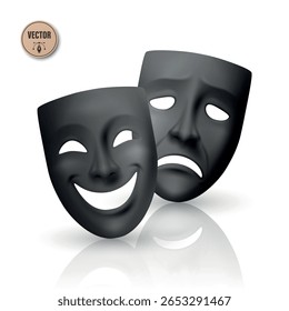 Vector Realistic Black Theater Mask Set. Comedy and Tragedy Masks. Classic Theater Mask for Stage Design, Greek Drama, Acting, Performing Arts. Theater Mask, Isolated