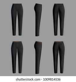Vector realistic black trousers for women isolated on gray background. Formal, straight female pants 3d illustration. Two models, clean and ironed, with belt and without it. Mockup for your design