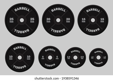 Vector realistic black weight plates in different weights.Gym equipment.Weight for bodybuilding and power lifting.Isolated on gray background