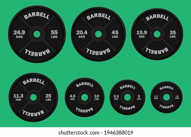Vector realistic black Weight plates in pounds and kilograms.Different weights.Gym equipment.Weight for bodybuilding and power lifting.Isolated on gray background