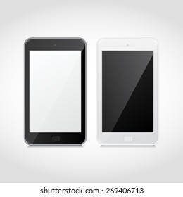 Vector realistic black and white smart phones with shadow,light .Isolated on a white background, high detailed .Electronic device.Template
