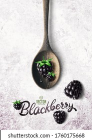 Vector realistic blackberry illustration, wooden spoon and leaves on white stone background