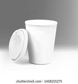 Vector realistic blank 3d paper coffee cup. Mockup template for cafe or restaurant brand identity design. Disposable plastic and paper tableware vector template for hot drinks.