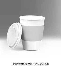 Vector realistic blank 3d paper coffee cup. Mockup template for cafe or restaurant brand identity design. Disposable plastic and paper tableware vector template for hot drinks.