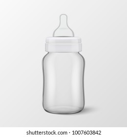 Vector Realistic Blank Baby Bottle Icon Closeup Isolated On Transparency Grid Background. Sterile Empty Milk Container Design Template, Mockup For Graphics