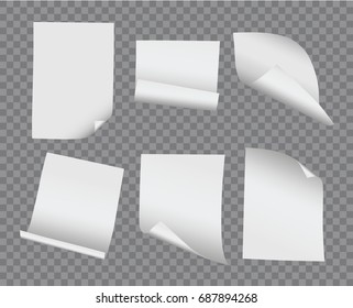 Vector realistic blank bent and curled paper collection on transparent background