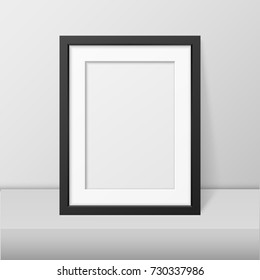 Vector Realistic Blank Black Picture Frame Closeup Standing On White Table. Design Template, Mockup. Stock Vector Illustration, Eps10