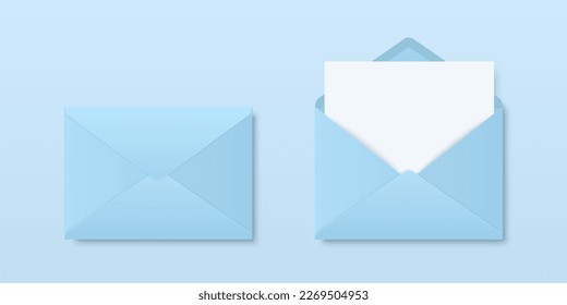 Vector Realistic Blank Blue Closed, Opened Envelopes with Letter Inside. Folded, Unfolded White Envelope Icon, Mockup Set Closeup Isolated. Message, Alert, Congratulations, Surprise, Secret Concept