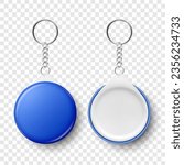 Vector Realistic Blank Blue Round Keychain with Ring and Chain for Key Isolated. Button Badge with Rin, Plastic or Metal ID Badge with Chains Key Holder, Design Template, Mockup. Front View