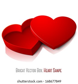 Vector realistic blank bright opened red heart shape box with cap isolated on white background with reflection. For your valentines day or love presents design. 