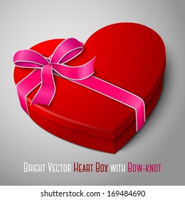 Vector realistic blank bright red heart shape box with pink and white ribbon and bow-knot isolated on gray background. For your valentines day or love presents design. 