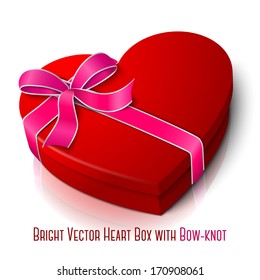 Vector realistic blank bright red heart shape box with pink and white ribbon and bow-knot isolated on white background with reflection. For your valentines day or love presents design.