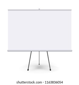 Vektorrealistisches, leeres Flipchart mit drei Beinen einzeln auf weißem, sauberem Hintergrund. Weißer horizontaler Roll-Up-Banner für Präsentation, Corporate Training und Briefing. Vektorgrafik hoch.