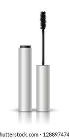 Vector realistic blank glossy mascara open and closed with black brush, shadow and reflection on white background