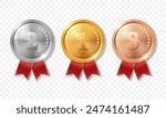 Vector Realistic Blank Golden, Silver, Bronze Award Medal Icon Set, Isolated. Design Template for Certificates, Awards. Front View