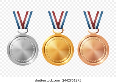 Vector Realistic Blank Golden, Silver, Bronze Award Medal Icon Set, Closeup, Isolated. First, Second, Third Place Prizes. Design Template for Sport Tournament Victory Concept. Front View