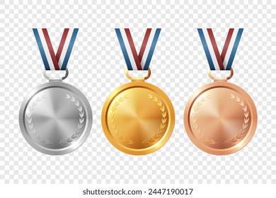 Vector Realista En Blanco Dorado, Plata, Bronce Medalla De Medalla Conjunto, Aislado. Plantilla de diseño para certificados, premios. Vista frontal