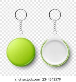 Vector Realistic Blank Green Round Keychain with Ring and Chain for Key Isolated. Button Badge with Rin, Plastic or Metal ID Badge with Chains Key Holder, Design Template, Mockup. Front View