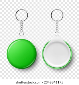 Vector Realistic Blank Green Round Keychain with Ring and Chain for Key Isolated. Button Badge with Rin, Plastic or Metal ID Badge with Chains Key Holder, Design Template, Mockup. Front View