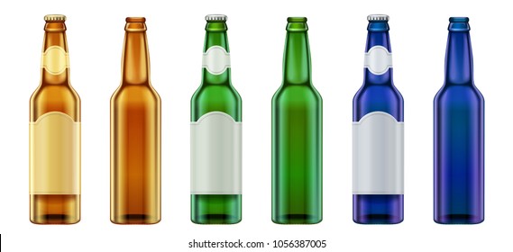 Equipo de diseño de botellas de cerveza de cristal verde, amarillo y azul.