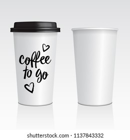 Vector realistic blank mock up paper cups with plastic lid. Coffee to go, take out mug for your design