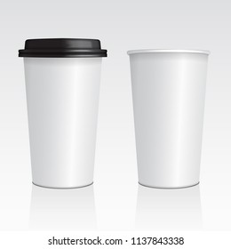 Vector Realistic Blank Mock Up Paper Cups With Plastic Lid. Take Out Mug For Your Design