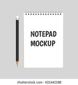Vector Realistic Blank Notebook With Pencil. Spiral Notepad, isolated on grey background, Mockup